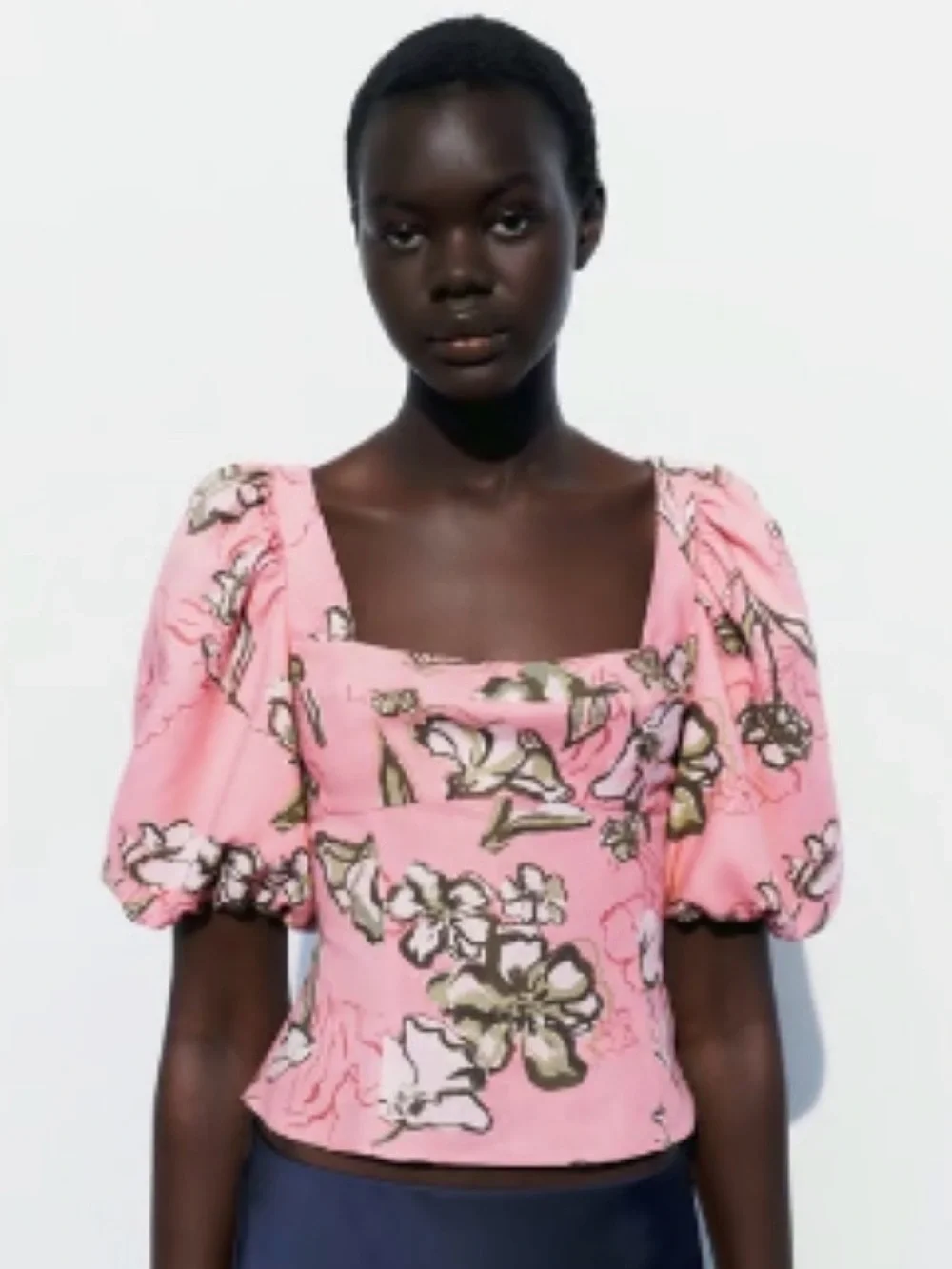 Zara Pink Floral Square-Neck Puff Sleeve Linen-blend Blouse M NWT